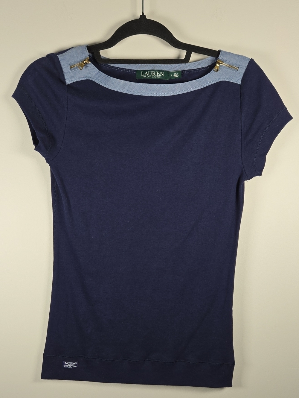 Lauren Ralph Lauren Navy Tee with Chambray Yoke and Gold Zipper Accents
